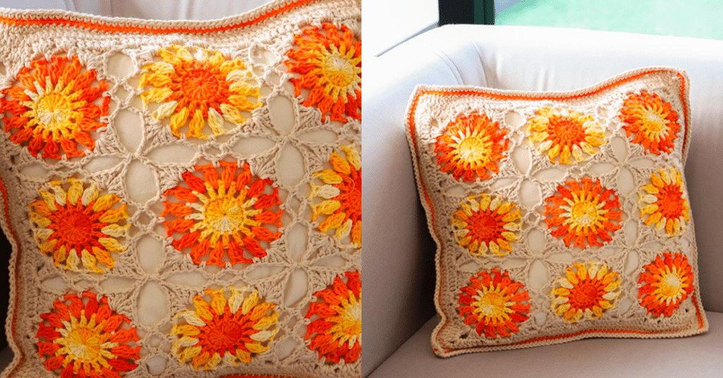 NOVIDADE LINDA: Almofada de Crochê Floral Laranja c Gráficos