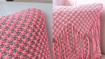 Almofada em Crochê Rosa e Cinza com Gráficos de Base