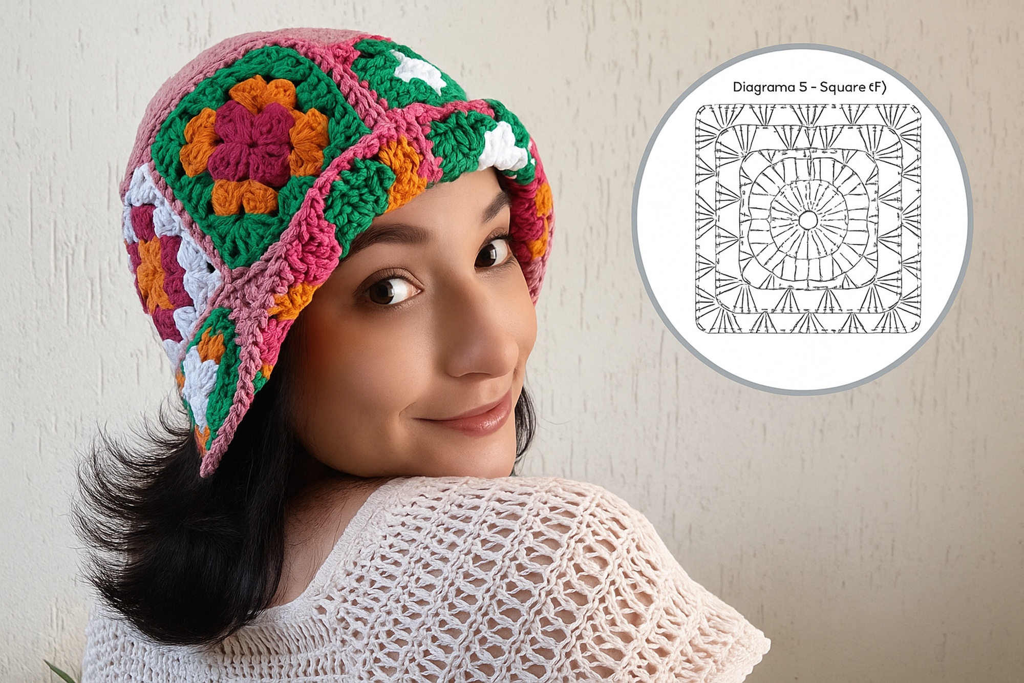 Chapéu de crochê para o verão feito com squares e gráfico passo a passo