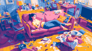 Ilustração colorida de uma mulher deitada no sofá, olhando para o celular, em uma sala bagunçada com louça suja, papéis e objetos espalhados, representando autosabotagem