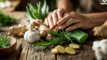 Mãos femininas sobre uma mesa de madeira rústica, ao lado de plantas com efeito antibiótico. Na mesa tem alho, gengibre, alecrim fresco e folha de babosa, em composição natural e detalhada