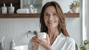 Imagem gerada pro IA de uma mulher com um rosto sem rugas e linhas de expressão profundos com um creme antissinais na mão