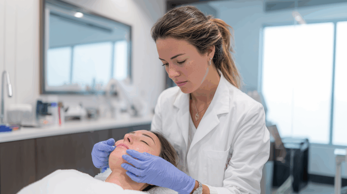 Imagem de uma dermatologista avaliando tratamento para espinhas e cravos de uma paciente