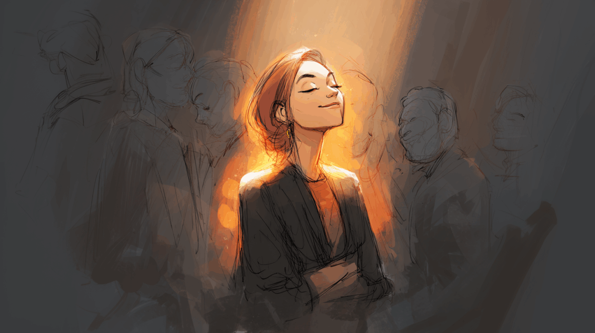 Ilustração gerada por IA de uma mulher protegida por uma luz simbolizando uma mulher com uma autoestima saudável blindada e convicta de seu valor pessoal não se importando com o ambiente externo