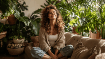 Imagem gerada por IA de uma mulher sentada relaxada no sofá com plantas que proporcionam bem-estar ao seu redor