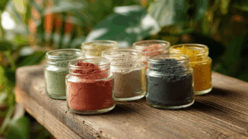 Seis vidros transparentes com diferentes cores de argila facial — verde, branca, rosa, vermelha, amarela e preta — organizados sobre uma mesa de madeira rústica, com plantas verdes ao fundo em ambiente natural e iluminado