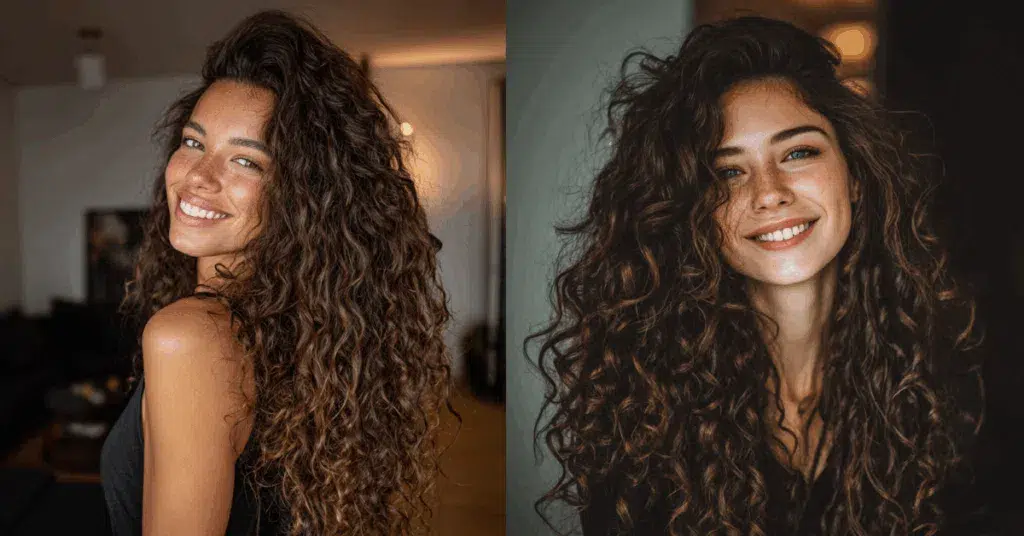 Mulher com cabelos cacheados bem definidos mostrando resultados de cuidados naturais