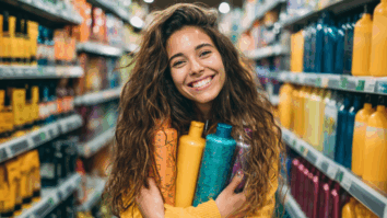 Imagem gerada por IA de uma mulher com 7 frascos de shampoos nos braços em um mercado