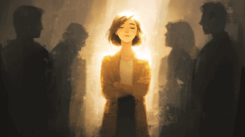 Ilustração gerada por IA de uma mulher protegida por uma luz simbolizando uma mulher com uma autoestima saudável blindada e convicta de seu valor pessoal não se importando com o ambiente externo