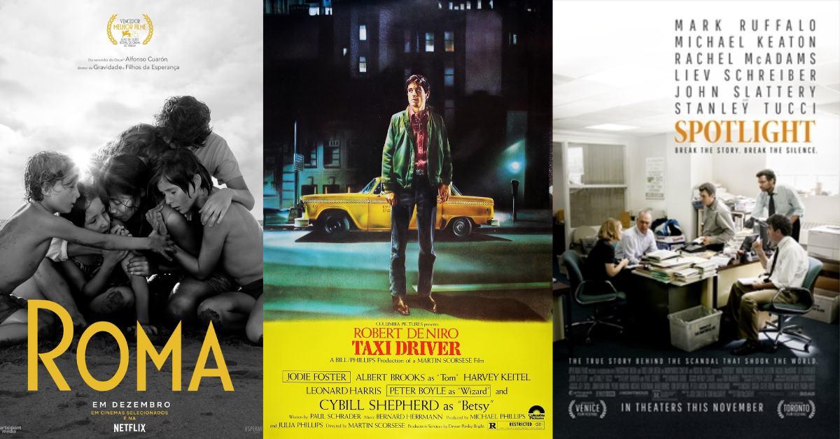 Montagem com as capas dos filmes Taxi Driver, Roma e Spotlight, três obras premiadas disponíveis na Netflix