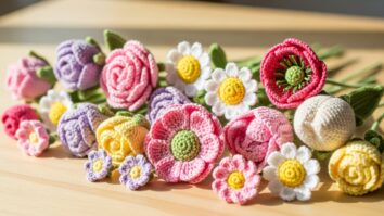 Flores de crochê coloridas e delicadas dispostas sobre uma mesa de madeira clara, simbolizando criatividade, leveza e o charme do artesanato moderno.