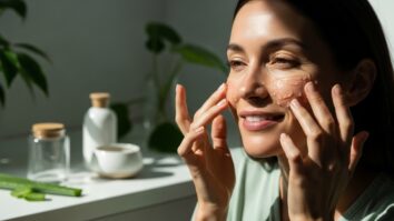 Mulher sorridente aplicando gel de babosa natural no rosto, em ambiente iluminado e minimalista, representando beleza natural e autocuidado.