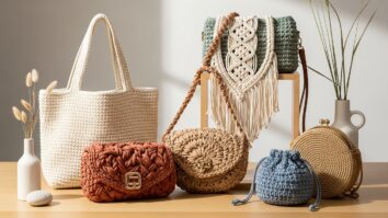 Bolsas de crochê artesanais feitas à mão com fios de algodão e fio de malha, em diferentes estilos e cores, exibindo textura e acabamento delicado sob luz natural suave.