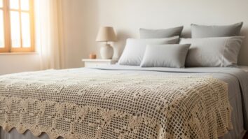 Peseira de crochê de luxo feita à mão com fios nobres em tom neutro sobre cama elegante, em quarto acolhedor e sofisticado com luz natural suave.