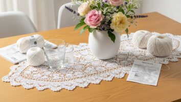 Caminho de mesa de crochê artesanal branco rendado sobre mesa de madeira clara com vaso de flores.