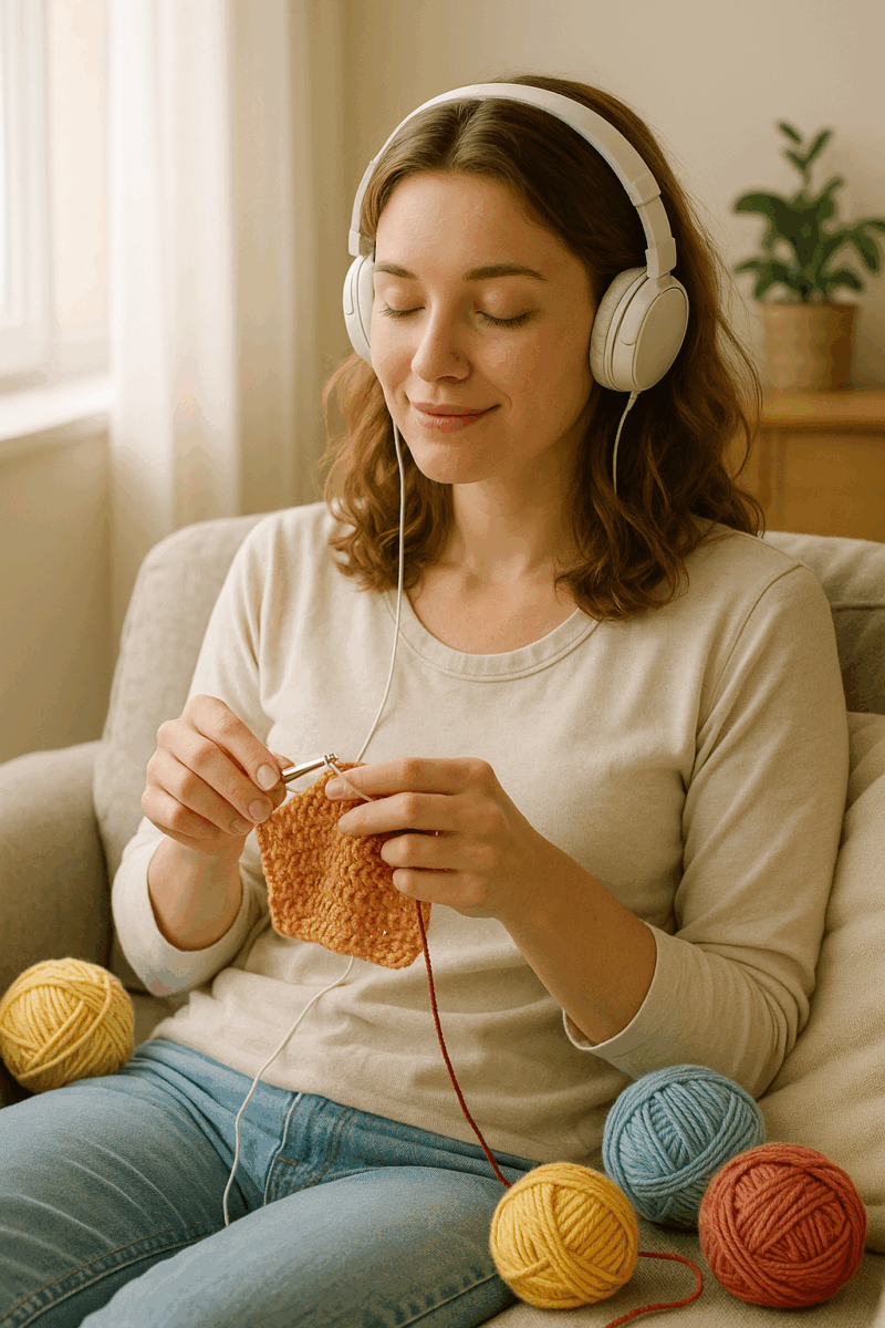 Mãos crocheteando com novelos coloridos e fones de ouvido ao lado sobre uma mesa de madeira.