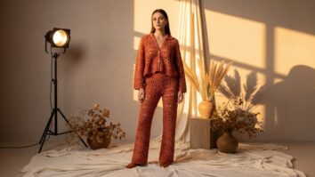 Mulher vestindo conjunto de crochê artesanal com calça longa e top, feito à mão em fios de algodão, estilo boho chic e tons neutros, sob luz natural suave.