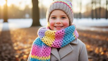 Criança sorridente usando cachecol de crochê colorido feito à mão em ambiente de inverno iluminado por luz natural suave.