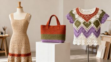 Peças modernas de crochê artesanal — vestidos, bolsas e tops feitos à mão com fios coloridos e textura sofisticada, em cenário iluminado naturalmente.