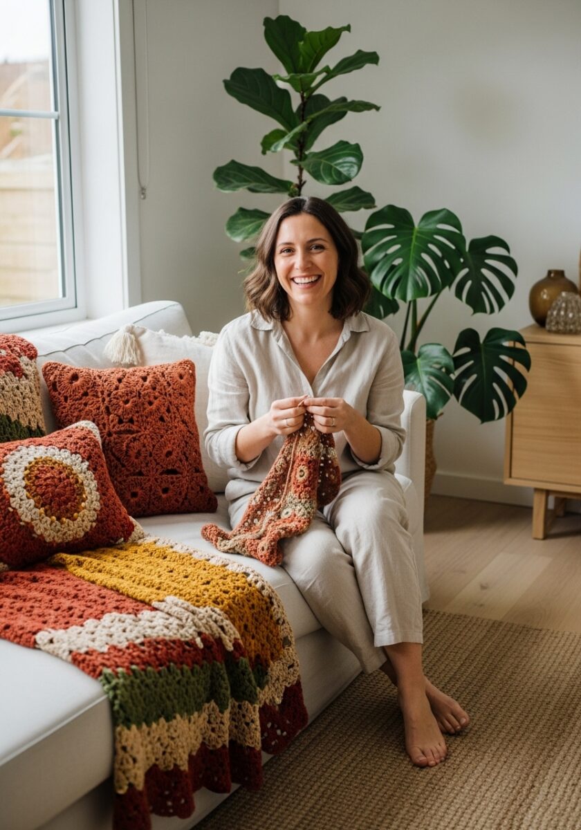 Mulher sorridente segurando peça de crochê boho em sala decorada com almofadas, plantas e detalhes em madeira clara sob luz natural.