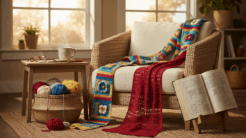 Cantinho aconchegante com poltrona de palha, cachecol de crochê colorido com flores, cesto com novelos de fios e xícara de café sobre a mesa — cena iluminada pelo sol, transmitindo inspiração artesanal e conforto criativo.