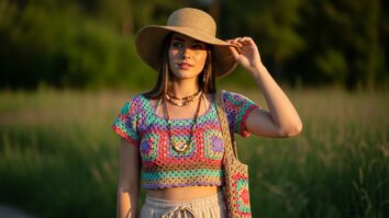 Mulher usando cropped de crochê colorido em estilo boho chic no verão 2025