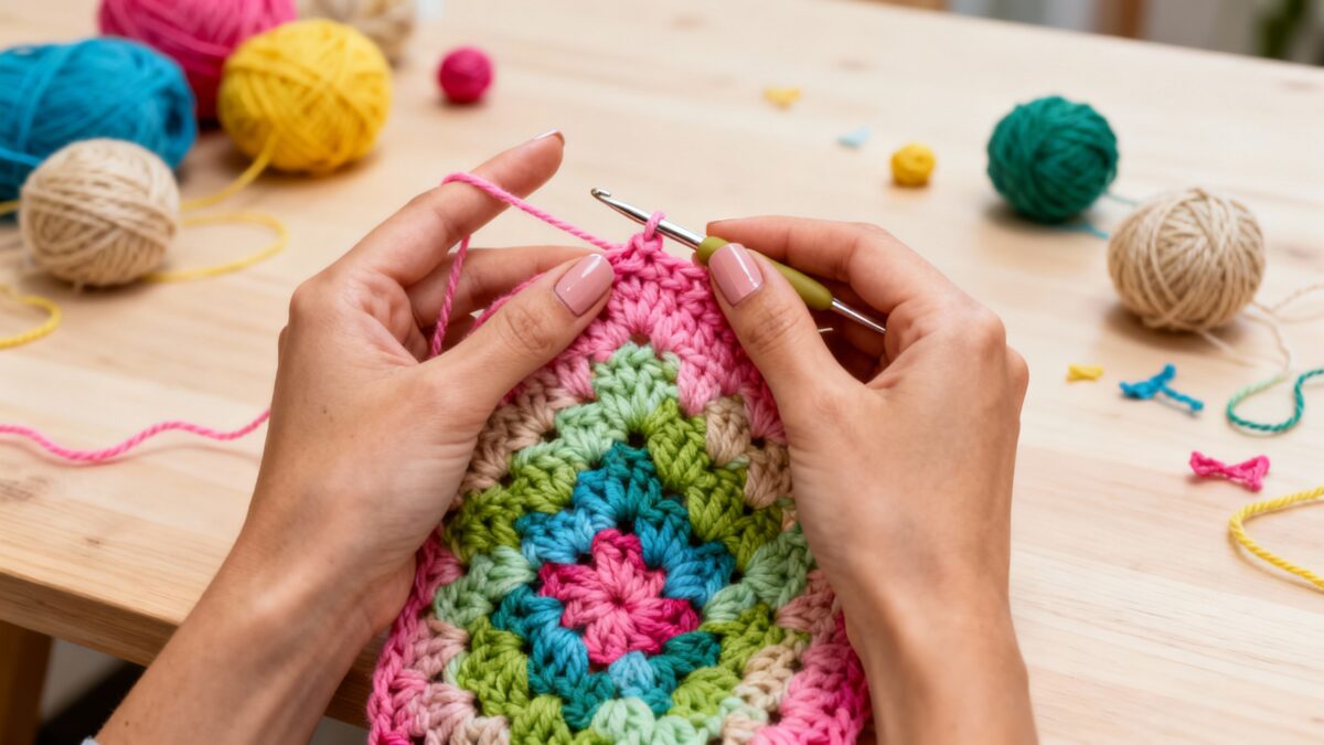 Mãos femininas trabalhando com sobras de fios coloridos de crochê sobre mesa de madeira clara, representando criatividade e sustentabilidade artesanal.