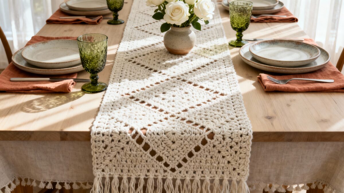 Caminho de mesa de crochê moderno sobre mesa de jantar decorada com flores e louças neutras, representando elegância e charme artesanal.