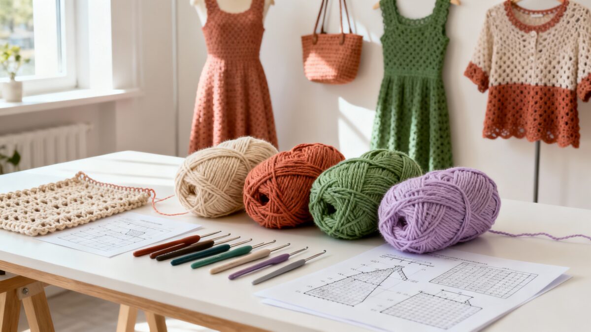 Materiais de crochê e gráficos coloridos organizados sobre mesa de madeira, representando a união entre tradição artesanal e inovação moderna.