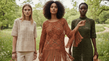 Mulheres usando blusas de crochê sustentáveis em estilos boho, casual e elegante, feitas à mão com fios ecológicos em tons terrosos e neutros, em ambiente natural e iluminado.