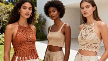 Mulheres usando croppeds de crochê sustentáveis feitos à mão com fios naturais, em tons neutros e terrosos, em ambiente externo iluminado, transmitindo elegância artesanal e moda consciente.