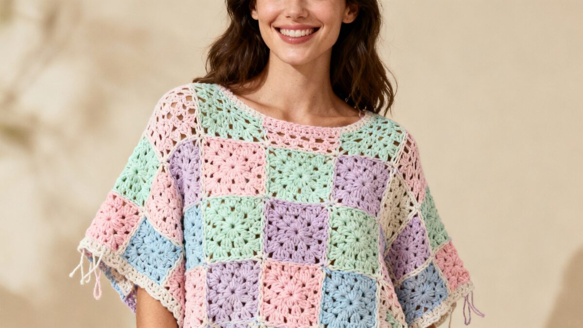 Imagem realista de uma <strong>blusa de crochê feita com squares coloridos</strong>, produzida à mão com <strong>fios de algodão em tons pastéis</strong>. A peça é usada por uma mulher sorridente em um ambiente iluminado naturalmente, destacando a textura e o acabamento artesanal. A cena transmite <strong>criatividade, conforto e elegância artesanal</strong>, representando a tendência atual do crochê moderno aplicado à moda feminina.