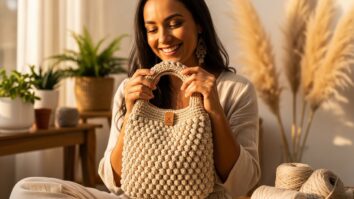 Mulher brasileira sorridente usando bolsa de crochê artesanal bege no ombro, em ambiente iluminado por luz natural.