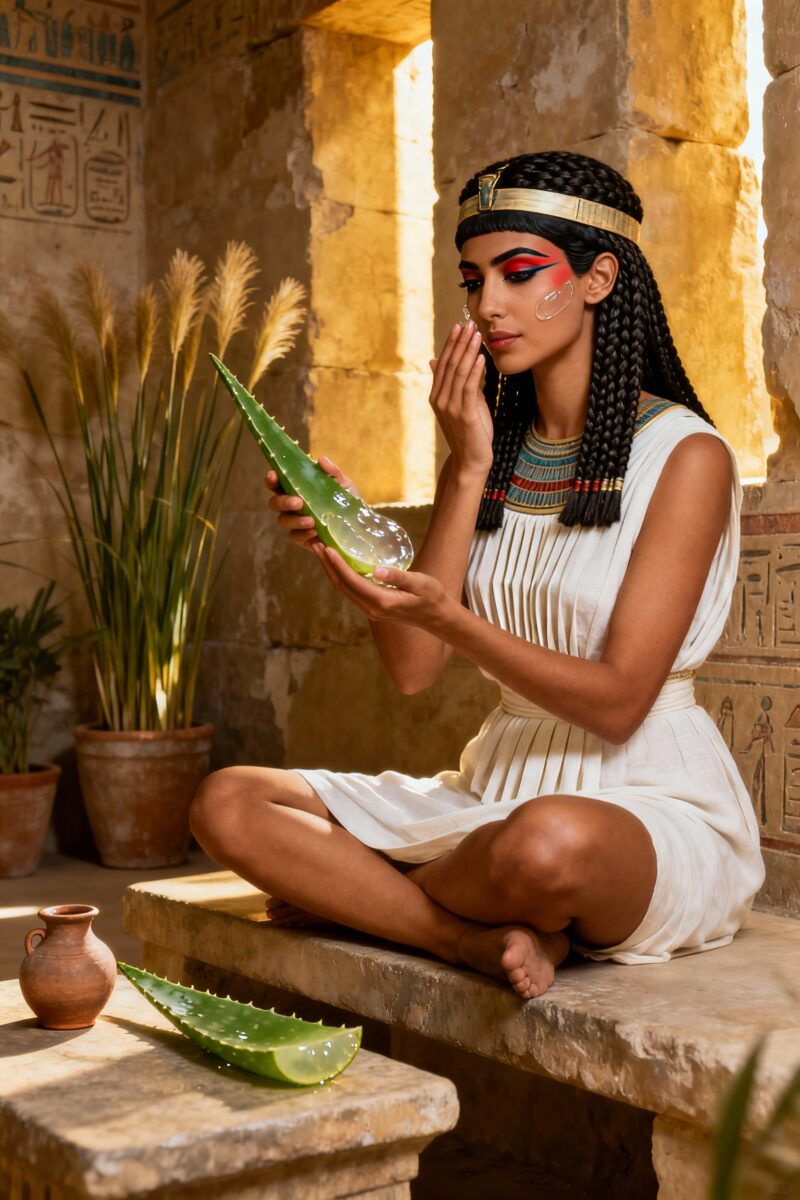 Mulher do Egito Antigo aplicando gel de babosa natural no rosto, com vestes brancas, acessórios dourados e luz dourada suave, simbolizando os rituais de beleza natural de Cleópatra.