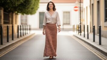 Mulher sorridente usando saia de crochê moderna e elegante, caminhando sob luz natural e transmitindo feminilidade, leveza e estilo artesanal.