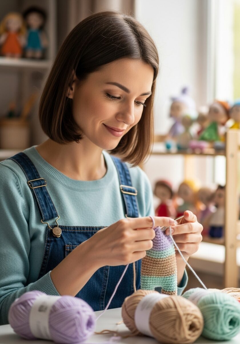 “Mulher segurando amigurumi artesanal em ambiente acolhedor
