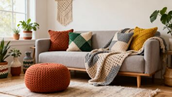 Sala moderna decorada com peças criativas de crochê coloridas e elegantes, representando conforto, autenticidade e estilo artesanal contemporâneo.