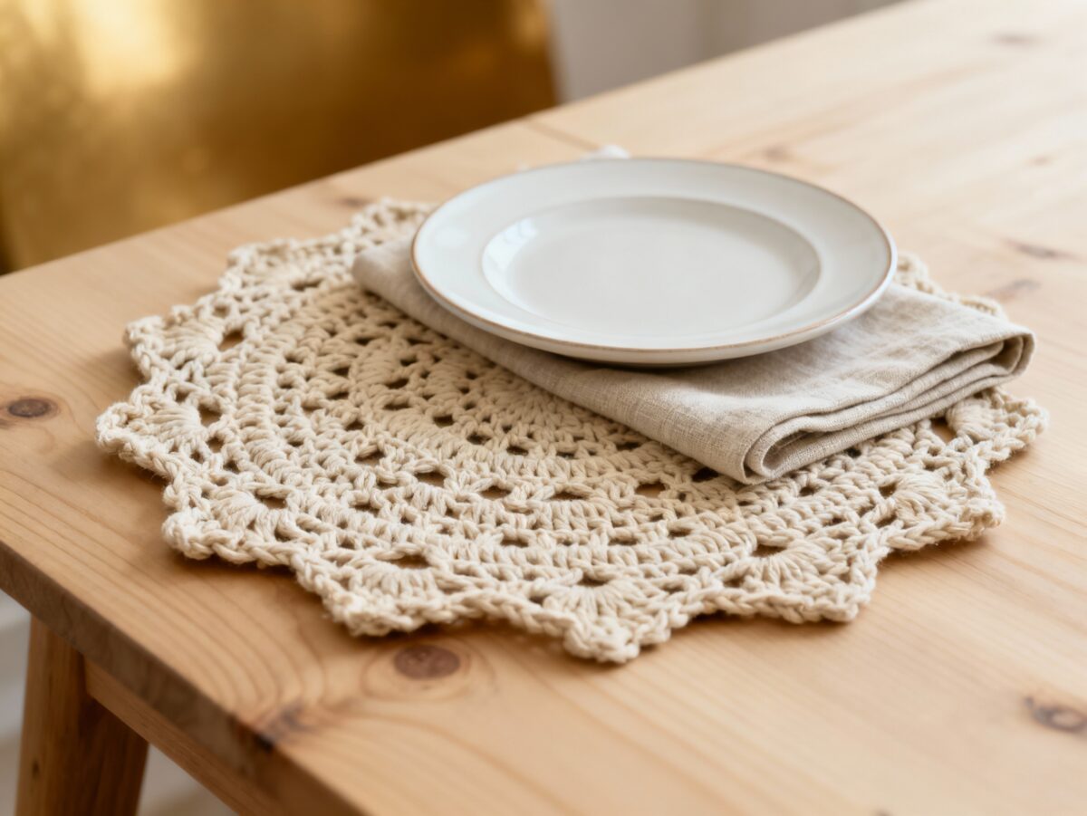 Sousplat de crochê artesanal em mesa posta elegante com prato branco e flores naturais