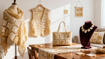 Squares de crochê coloridos e artesanais dispostos sobre uma mesa, com diferentes padrões e texturas, mostrando a variedade e a criatividade das peças feitas à mão.