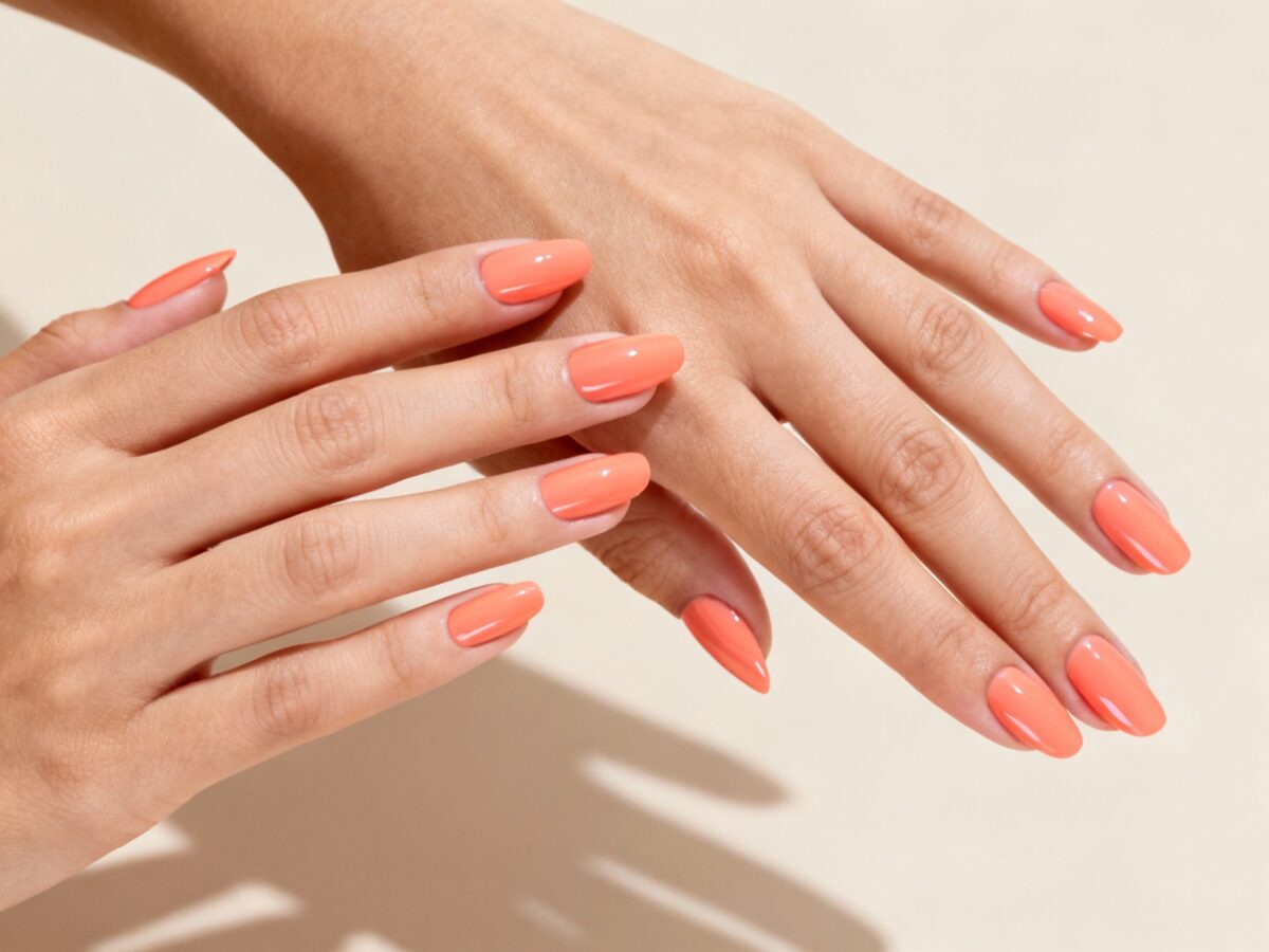 Unhas pintadas com esmalte Peach Fizz, tom pêssego luminoso e delicado, refletindo o brilho e a suavidade do verão 2025.