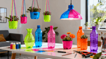 Garrafas PET recicladas pintadas com cores vibrantes transformadas em vasos e luminárias criativas de decoração sustentável estilo DIY.
