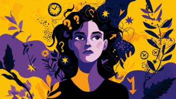 Ilustração colorida de uma mulher com a mente dividida entre dúvidas e conquistas, onde as duvidas simbolizam momentos de autosabotagem.