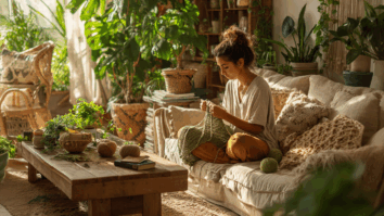 Mulher fazendo crochê em espaço biofílico com plantas e luz natural, simbolizando concentração e criatividade.