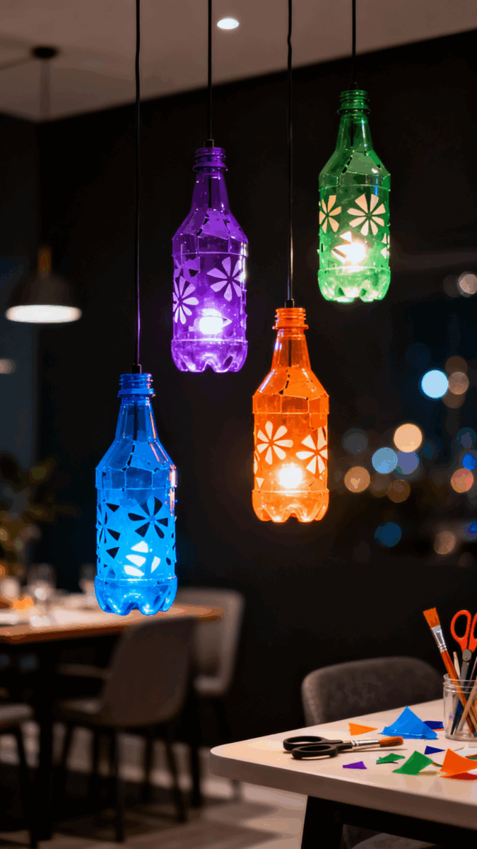 Luminárias coloridas feitas com garrafas PET recicladas, criando uma decoração artesanal moderna e ecológica.