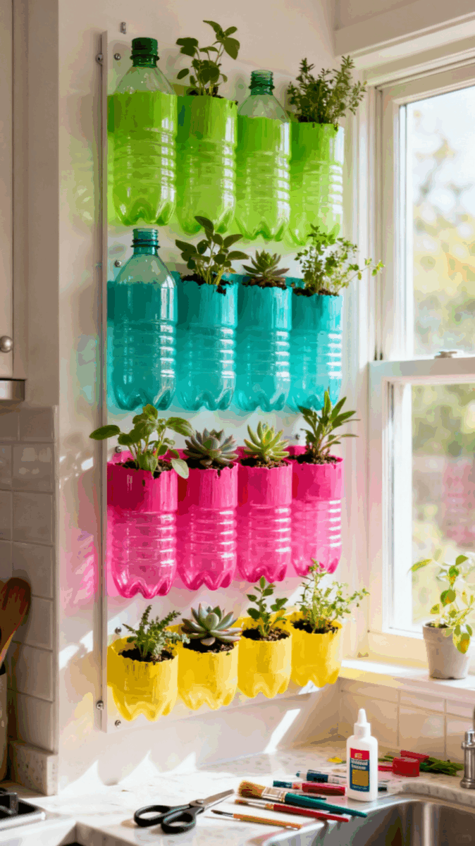 Jardim vertical criativo com garrafas PET recicladas coloridas usadas como vasos de plantas em decoração sustentável.