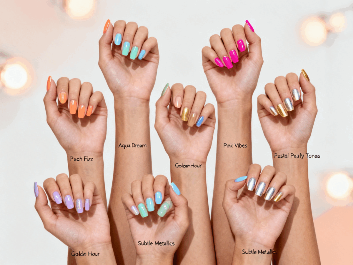 Unhas com esmaltes das tendências de 2025 — Peach Fizz, Aqua Dream, Golden Hour, Pink Vibes e Subtle Metallics — em tons pastel e metálicos que refletem o verão.