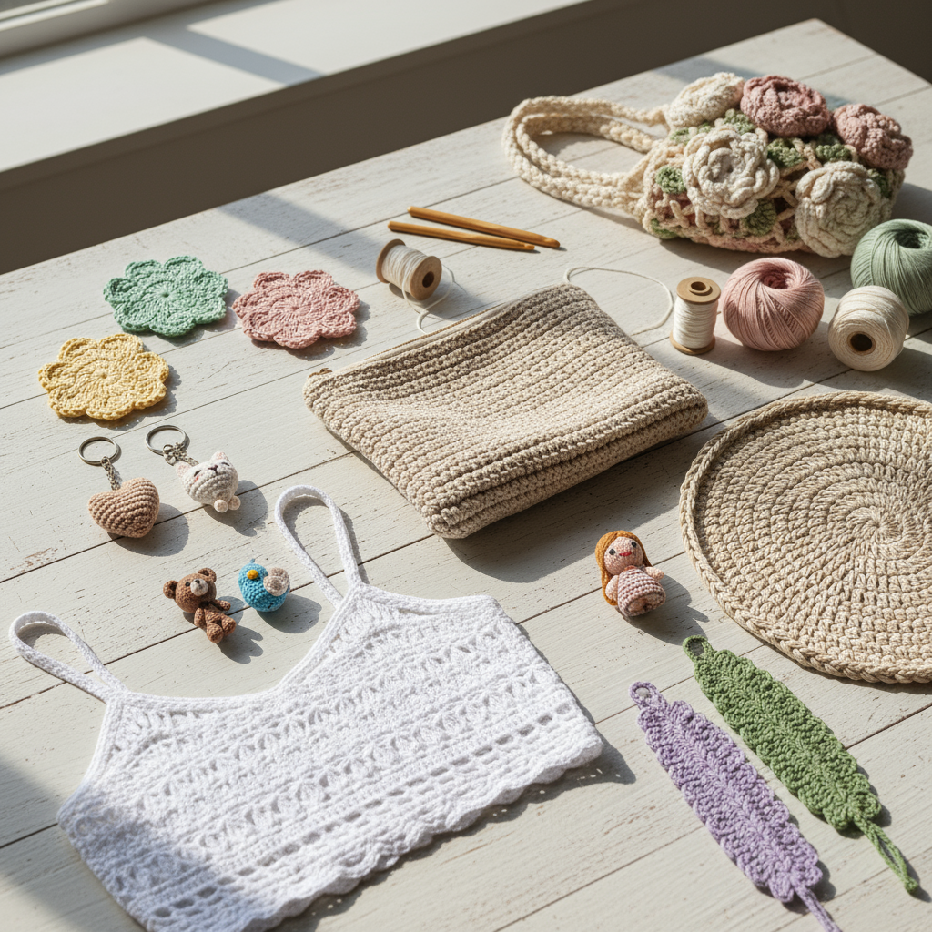 Mesa iluminada com várias peças pequenas de crochê: top branco, porta-copos florais, chaveiros, amigurumis, necessaire bege, sousplat redondo, bolsa de flores e marcadores de livro. Ideias criativas e rápidas de crochê para vender em 2025.