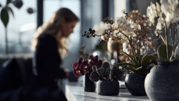 Imagem gerada por IA de vasos de flores exóticas sobre uma mesa iluminada pela luz natural, com uma mulher desfocada ao fundo