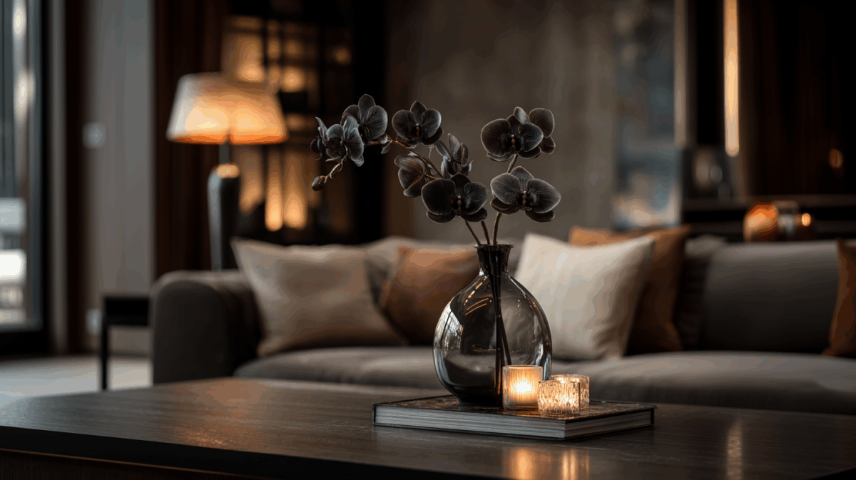 Imagem gerada por IA de uma Orquídea Negra em uma vaso numa sala — Imagem ilustrativa gerada por IA, criada sob licença paga para uso exclusivo do site Katia Ribeiro. Todos os direitos de utilização reservados.