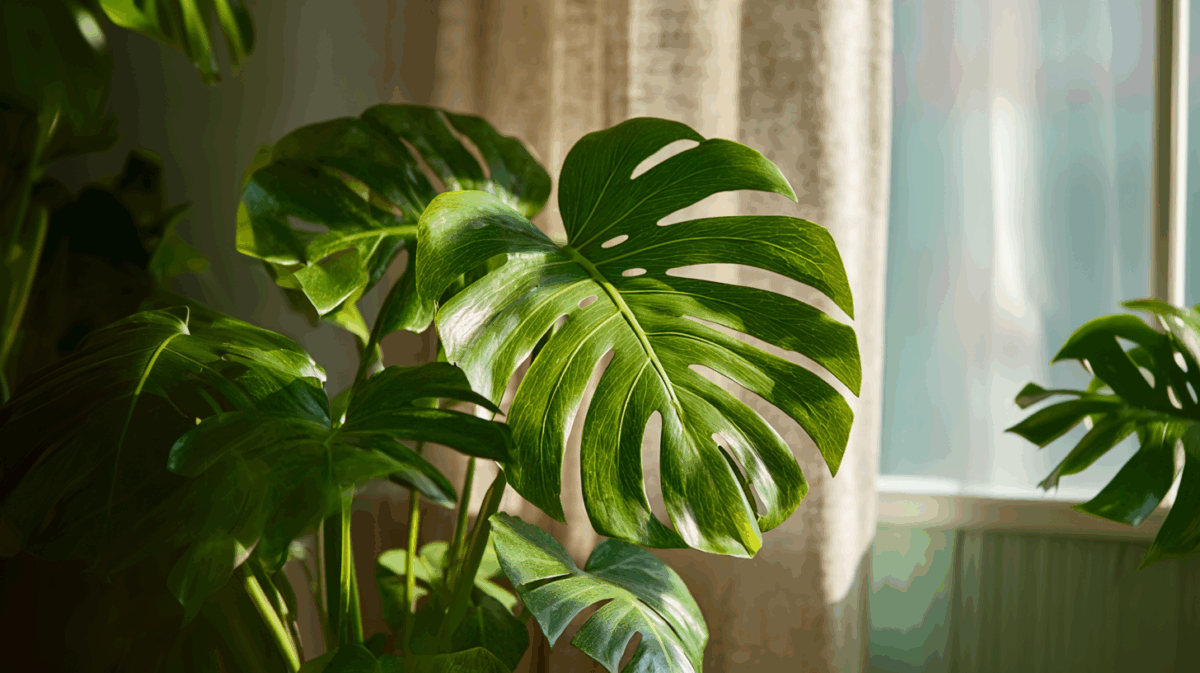 Imagem gerada por IA da planta costela-de-adão na decoração de uma sala